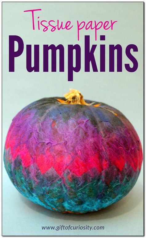 These tissue paper-covered pumpkins will make a statement!  Great fall or Halloween craft for kids or grownups alike! || Gift of Curiosity Paper Pumpkins, Pumpkin Gift, Autumn Activities For Kids, Pumpkin Carving Templates, Halloween Activities For Kids, Pumpkin Art, Diy Pumpkin, Halloween Crafts For Kids, Pumpkin Crafts