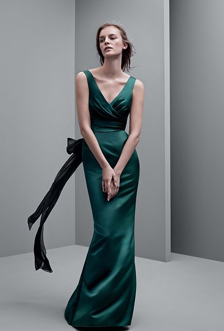 A V-neck satin dress with wrap-front bodice by White by Vera Wang | Brides.com Dress Bridesmaid Satin, Vera Wang Bridesmaid, Bridesmaid Satin, Emerald Bridesmaid Dresses, White By Vera Wang, Frosé, Wang Dress, Satin Bridesmaid Dresses, Junior Bridesmaid Dresses