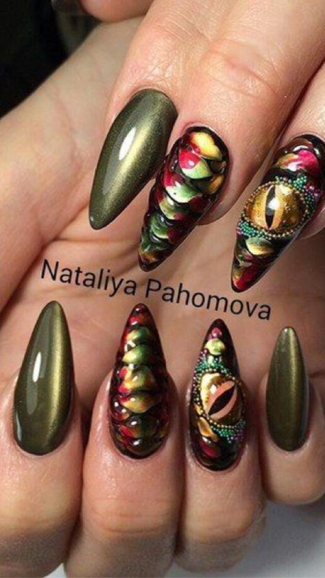 Dragon Eye Nails, Glitter Gradient Nails, Gradient Nail Design, Dragon Nails, Eye Nail Art, Fantasy Nails, Pumpkin Nails, Eye Nails, Flower Nail Designs