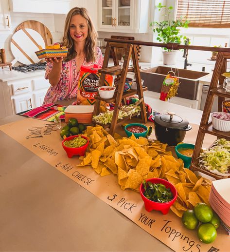 Cinco De Mayo Taco Bar set up Taco Bar Party Setup, Graduation Party Taco Bar, Taco Bar Set Up Ideas, Taco Bar Buffet Set Up, Tostada Bar, Bar Set Up Ideas, Taco Bar Buffet, Taco Bar Party, Buffet Set Up