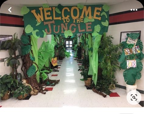 Jungle Book Theme Decorations, It’s A Jungle Out There, Safari Theme Pep Rally, Jungle Theme Library Classroom Ideas, Rainforest Trunk Or Treat, Jungle Theme For School, Jungle Theme Float, Jungle Hallway Theme, Jungle Summer Camp