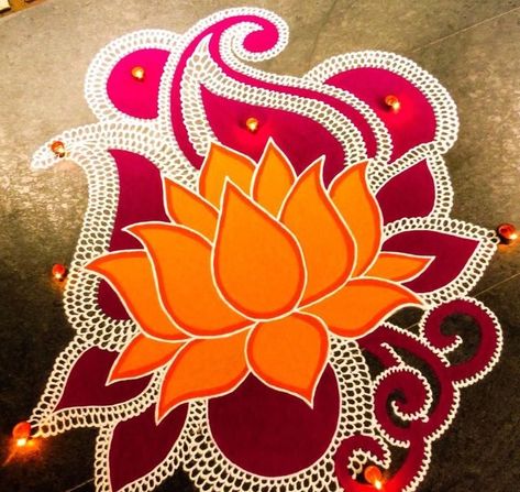 12+ Latest, Easy and Simple Rangoli Designs For Diwali 2021!! Rangoli Designs With Lotus, Lotus Flower Rangoli Design, Lotus Rangoli For Diwali, Krishna Rangoli Design Simple, Rangoli Designs Lotus, Rangoli Designs With Flowers, Lotus Sketch, Lotus Rangoli Designs, Rangoli Lotus