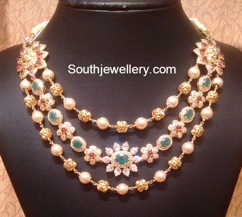 Gem Necklaces, Latest Indian Jewellery, 22 Carat Gold Jewellery, Jewelry Designing, Beautiful Gold Necklaces, Stones Necklace, Gold Necklace Indian Bridal Jewelry, Pearl Necklace Designs, 22 Carat Gold