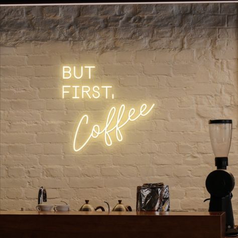 This coffee neon sign says it all, “But First, Coffee” letting every guest know that coffee is the first thing this coffee lover needs in the morning. Get this amazing sign for yourself or as a gift for your coffee lover. Neon Signs For Cafe, Unique Coffee Shop Design, Bright Cafe Aesthetic, Coffee Shop Neon Sign, Bright Coffee Shop Aesthetic, Unique Cafe Ideas, Creative Cafe Interior Coffee Shop, Creative Coffee Shop Design, Coffee Shop Plants