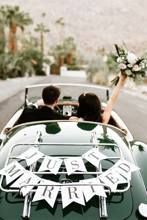 A classic, modern Palm Springs wedding at The Avalon Cars Wedding, Classic Car Wedding, Wedding Getaway Car, Cars Decorations, Getaway Wedding, Just Married Car, Bridal Car, Vintage Car Wedding, Wedding Car Decorations