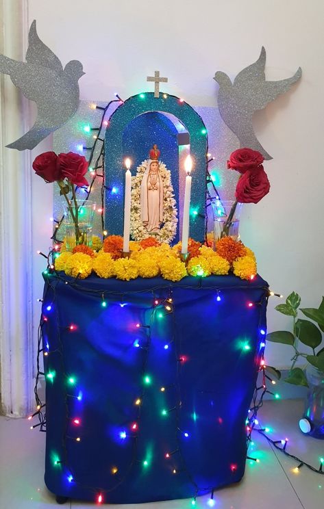 DIY - Decoration made up of glittering blue and silver thermocol, satin blue cloth, flowers, candles  and dazzling lights. Mama Mary, Home Altar, Blessed Mother Mary, Blessed Mother, Mother Mary, Decoration Diy, Table Decoration, Our Lady, Nativity