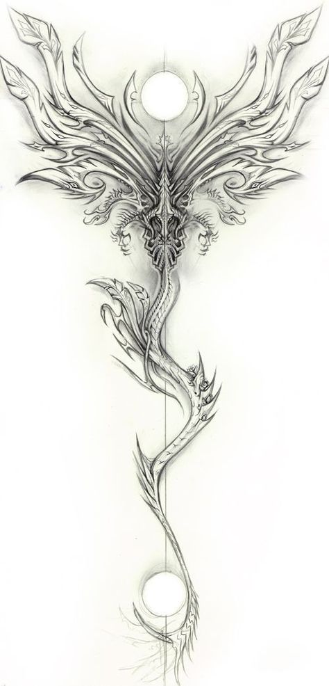 Draconic Tattoo, Sleeve Tattoo Designs Sketches, Woods Tattoo Design, Fantasy Back Tattoo, Back Tattoo Sketch, Dragons Tattoo Designs, Mythical Dragon Tattoo, Fantasy Tattoo Designs, Fantasy Tattoo Ideas