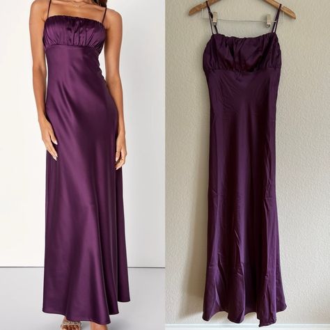 Dusty Purple Dress, 2000s Dress, Purple Satin Dress, Witchy Dress, Ball Dance, Purple Long Dress, Wedding Guest Formal, Gathered Bodice, Backless Maxi Dress