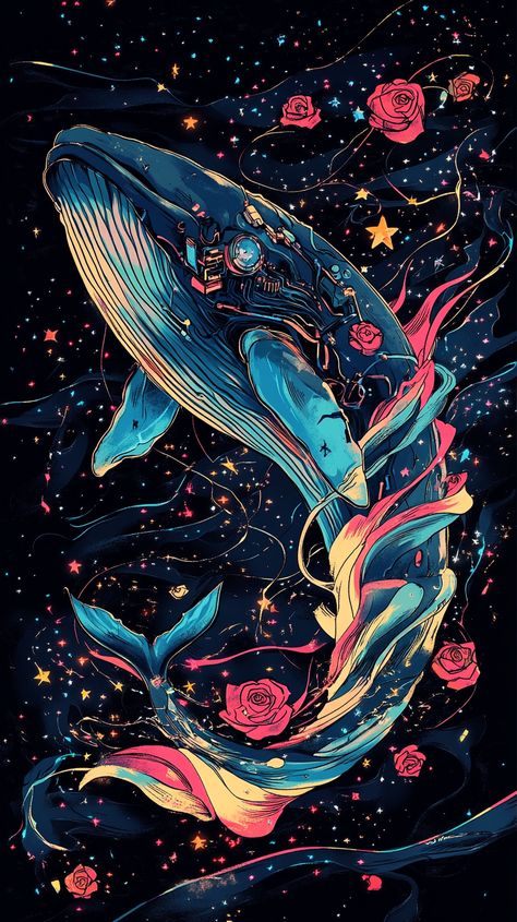 🌌✨ Dive into a mesmerizing world where fantasy meets technology! 🌊💫 Imagine a giant deep blue whale, its body aglow with neon circuits and intricate mechanical gears, swimming gracefully through a vivid underwater realm. 🌈🐋 The water around it shimmers in pink, blue, and gold ripples, scattered with rainbow-colored stars that twinkle like dreams. 🌟🌹 Delicate lightning roses bloom amidst the wav... Underwater Realm, Uhd Wallpaper, Mechanical Gears, Wonder Art, Embrace The Chaos, Tropical Art, Blooming Rose, Blue Whale, Neon Art