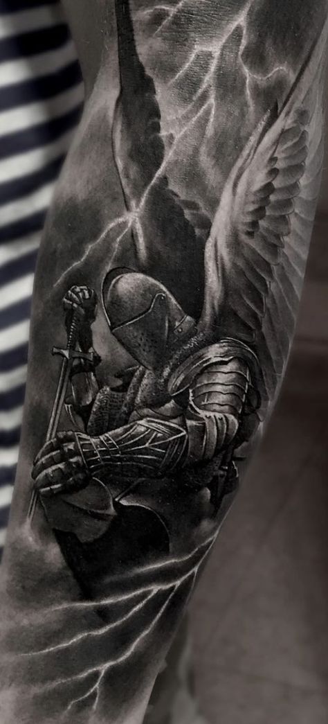 Armor Of God Tattoo For Men, Dark Angel Tattoo Men, Warrior Angel Tattoo Men, St Gabriel Archangel Tattoo, St Gabriel Archangel, Dark Angel Tattoo, Angel Warrior Tattoo, Armor Of God Tattoo, Guardian Angel Tattoo Designs