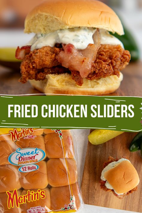 These fried chicken sliders make a delicious homegating meal! Fry up chicken thigh cutlets, cook bacon slices, make the spicy mayo, and then stack up all the ingredients on a Martin’s Sweet Dinner Potato Roll. Chicken Cutlet Sliders, Chicken Thigh Sliders, Crispy Chicken Sliders, Taco Sliders, Fried Chicken Sliders, Sliders Recipes, Sliders Recipes Chicken, Breaded Chicken Cutlets, Potato Rolls