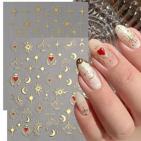 PRICES MAY VARY. Package Contain: You will get 8 sheets delicate gold nail stickers,various styles of stars, love heart, moon, flower, geometry etc to design patterns can be used for nail decoration. Fashion Design: The nail sticker with gold shine design, the best choice for french manicure, let you get a different manicure every day. Safety Material: Nail design stickers are made of environmentally friendly materials,no damage to fingernails, any style of nails can use it. Suitable Occasions: Star Nail Designs, Moon Butterfly, Star Nail, Gold Nail Art, Nails Gold, Heart Nail Art, Butterfly Nail Art, Design Stickers, Nail Art Stickers Decals