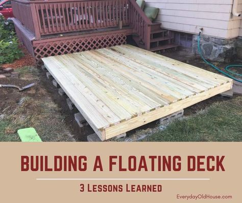 3 Lessons Learned by Building The Spruce's Floating Deck (For Under $300) - Everyday Old House Concrete Deck Blocks, Patio Plan, Freestanding Deck, Ground Level Deck, Building A Floating Deck, Deck Landscaping, Build A Deck, Platform Deck, Concrete Deck