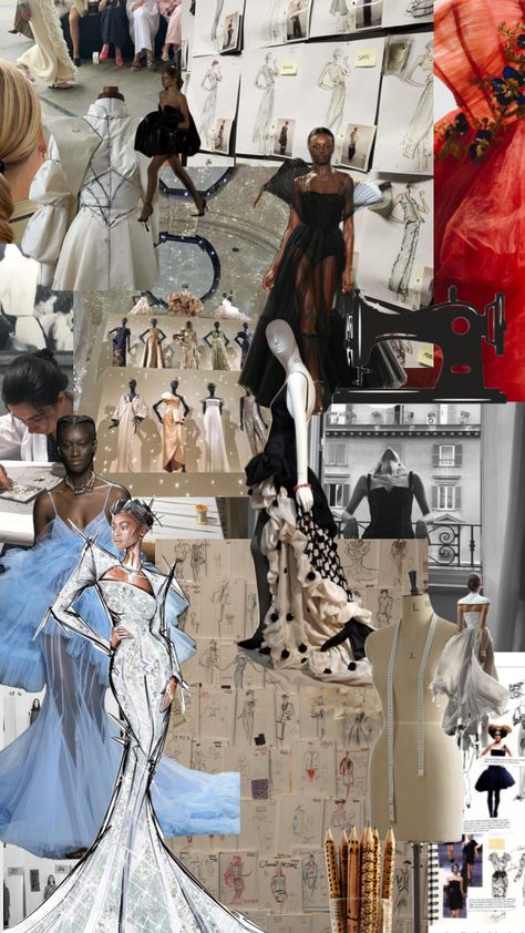 Fashion Illustration Moodboard, Costume Design Aesthetic, Fashion Design Vision Board, Fashion Scrapbook Ideas, Mood Board Fashion Inspiration Ideas, Fashion Magazine Collage, Fashion Student Aesthetic, Fashion Design Wallpaper, Textiles Alevel