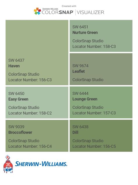 I just created this color palette with the Sherwin-Williams ColorSnap® Visualizer app on my Android phone. What do you think? You can learn more about ColorSnap Visualizer and get it on your phone free by visiting https://www.sherwin-williams.com/content/colorsnap.html. Sherwin Williams Lounge Green, Great Green Sherwin Williams, Greenhouse Colors, Sherwin Williams Green, Violet Brown, Green Ideas, Annie Sloan Paints, Green Paint Colors, Paint Colors For Home