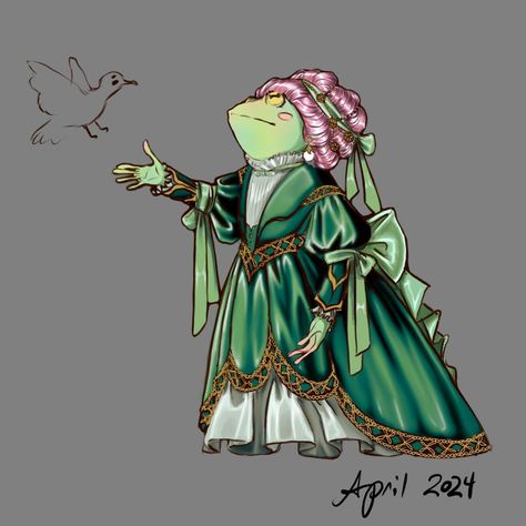 new frog dress! Actually idk if she is a frog or a toad haha but she also gets a shawl option being an amphibian probably gets cold really easily. #digitalart #characterdesign Dress References, Frog Dress, Frog Drawing, A Frog, April 21, Amphibians, Toad, Shawl, Cool Art