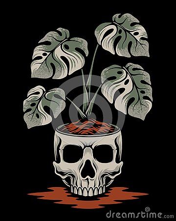 Skeleton Plants Drawing, Monstera Pot Tattoo, Potted Monstera Tattoo, Skull Flower Pot Tattoo, Flower Pot Illustration, Creepy Plants, Monstera Illustration, Monstera Tattoo, Tattoo Crane