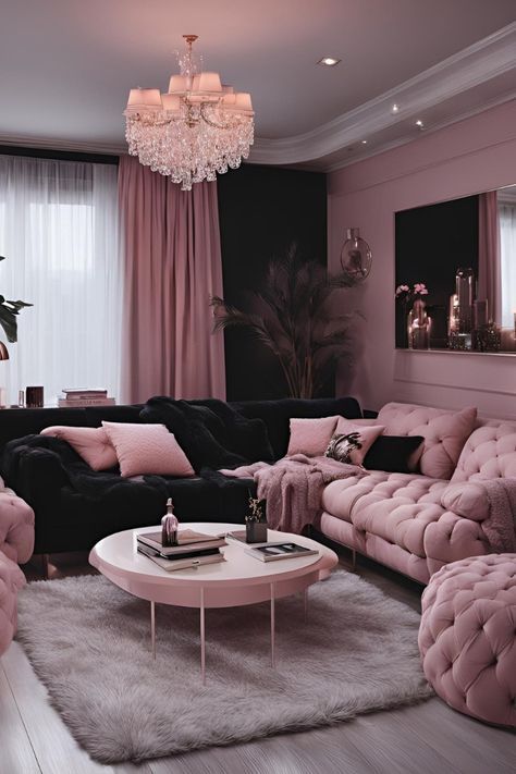 Black And Light Pink Living Room, Black And Pink Girly Aesthetic, Living Room Decor Pink And Black, Black White Silver Pink Living Room, Goth Studio Apartment, Black And Pink Apartment, Pink And Black Living Room Ideas, Black And Pink Living Room, Pink And Black Living Room