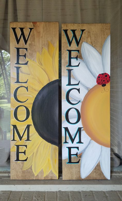 Handpainted welcome signs and porch decor to bring in Spring and get ready for Summer! Brighten your front porch with my handpainted signs! Find more on my website! Welcome Signs Front Door, Pallet Projects Furniture, Wooden Welcome Signs, Welcome Signs, Diy Wood Signs, Diy Holz, Pallet Art, Diy Pallet Projects, Hand Painted Signs