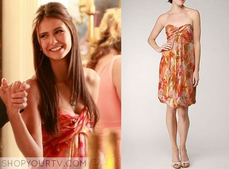 The Vampire Diaries: Season 1 Episode 4 Elena's Orange Strapless Dress | Fashion, Clothes, Outfits and Wardrobe on | Shop Your TV Elena Gilbert Orange Dress, Vampire Diaries Season 1, Vampire Diaries Fashion, Tv Clothes, Tv Outfits, Vampire Diaries Outfits, The Carrie Diaries, Pretty Little Liars Fashion, Candice Accola