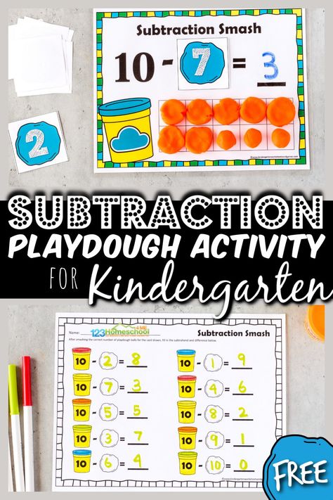 Your kid are going to BEG to practice math with this outrageously FUN subtraction activity for kindergarten, preschool, pre-k, and first graders. Children will practice subtraction within 10 using playdough and our free printable playdough mats. This subtraction smash turns the chore of teaching subtraction into a fun math game for kids! Simply print pdf file with subtraction games for kids and you are ready to play and learn! Subtraction Games Kindergarten, Kindergarten Subtraction Activities, Teaching Subtraction, Subtraction Kindergarten, Subtraction Games, Math Subtraction, Subtraction Activities, Playdough Activities, Thanksgiving Math