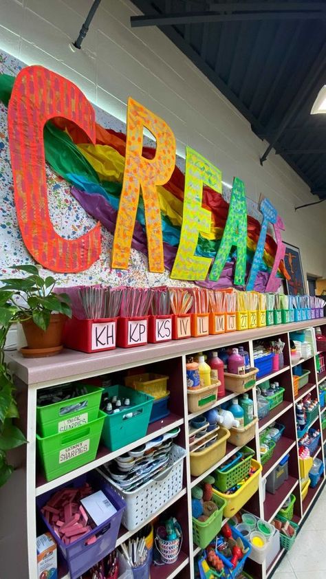 Classroom Art Station, Art Project Bulletin Boards, Art In The Classroom, Art Room Preschool, Art Area Bulletin Board Preschool, Preschool Art Room Set Up, Art Wall In Classroom Ideas, Preschool Art Classroom, Art Corner In Classroom