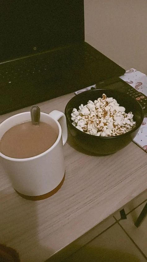 A bowl of popcorn and some coffee Quick Snacks For Study Nights, Study Snacks, Quick Snacks, Aesthetic Food, Snacks, Coffee, Quick Saves