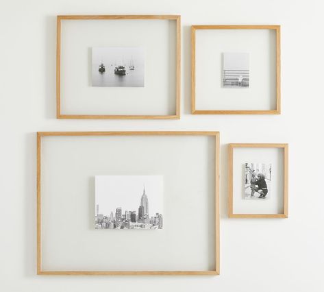 Gallery Wall Floating Frames, Light Wood Frames On Wall, Light Wood Gallery Wall, Natural Frame Gallery Wall, Reading Nook Gallery Wall, Light Wood Picture Frames, Natural Wood Picture Frames, Gallery Wall Slanted Ceiling, Horizontal Frames On Wall