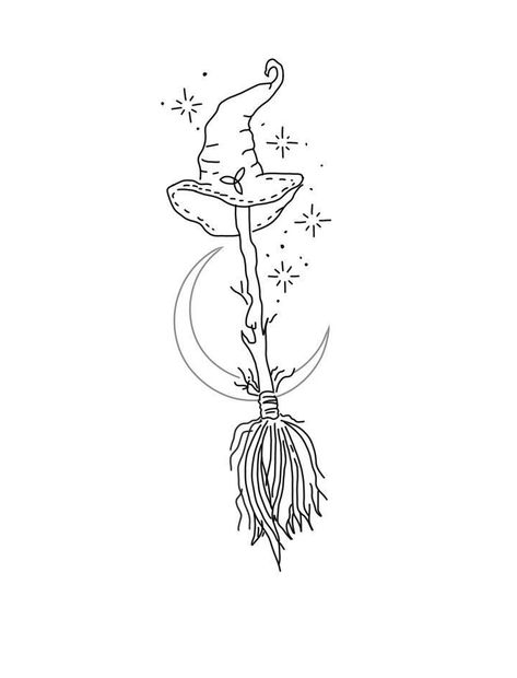 Halloween Tattoo Witch, Witches Broom Drawing, Witches Hat Tattoo, Witchy Tattoos Simple, Witch Broom Drawing, Witches Broom Tattoo, Witch Broom Tattoo, Witchy Drawings Simple, Bookish Tattoos