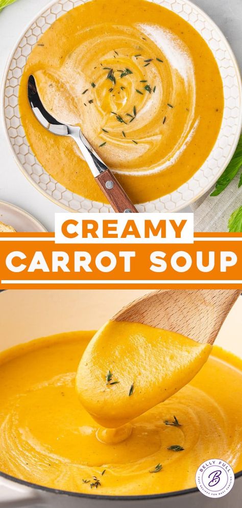 Creamy Carrot Soup Recipe - Belly Full White Bean Carrot Soup, Creamy Roasted Carrot Soup, Creamy Pureed Soup Recipes, Veloute Soup Recipes, Best Pureed Soups, Easy Pureed Soup, Easy Pureed Soup Recipes, Carrot Puree Soup, Veggie Cream Soup