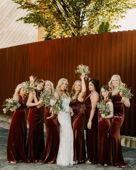 Revelry Velvet Bridesmaid Dresses, Terracotta Velvet Bridesmaid Dresses, Velvet Terracotta Bridesmaid Dresses, Rust Wedding Color, Terracotta Bridesmaid, Bridesmaids Colors, Groomsmen Ideas, Jade Wedding, Velvet Bridesmaid