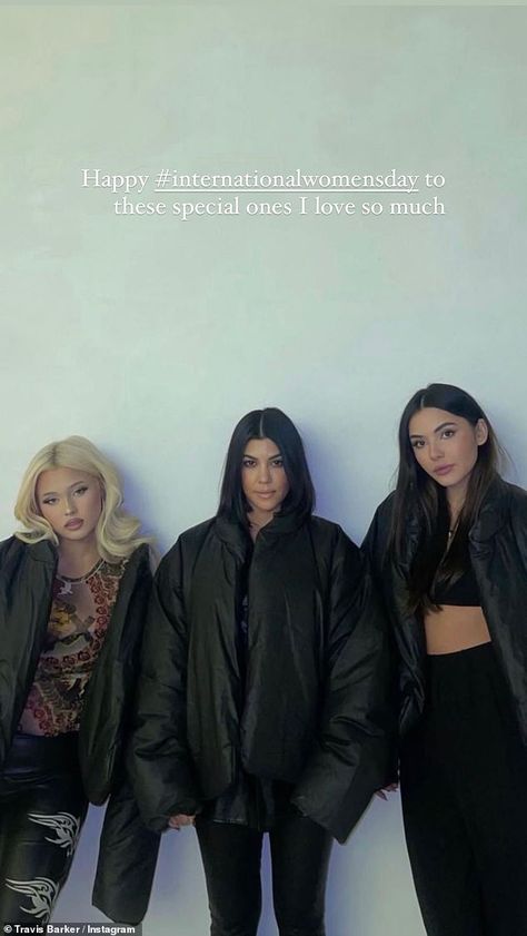 Barker, 46, posted a shot of fiancée Kourtney Kardashian, 42, posed in between daughter Alabama Barker, 16, and stepdaughter Atiana De La Hoya, 22. Alabama Barker, Jenner Family, Travis Barker, International Women's Day, Kardashian Jenner, Kourtney Kardashian, Ladies Day, Alabama, Bomber Jacket