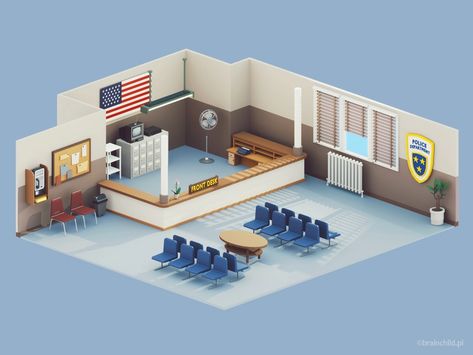 Low Poly Police Department Room | 3d | Retro by Rafał Urbański on Dribbble Police Station Interior Design, Sims 2 Police Station, Sims 4 Police Station, Minecraft Police Station, Police Station Interior, Police Department Office, Game Icon Design, Ceo Office, Narrow House Designs