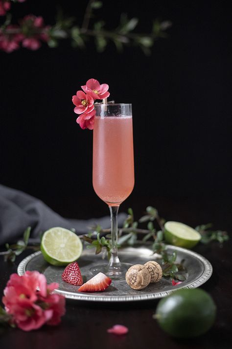 Pink 75 - A Sparkling Rosé Cocktail with Strawberries and Guava - Moody Mixologist Rose Cocktail Recipes, Guava Syrup, Rose Drink, Unique Cocktail Recipes, Valentine Cocktails, Strawberry Cocktails, Stella Rosa, Strawberry Guava, Pink Guava