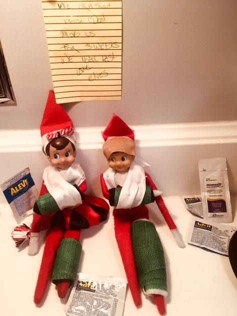 Elf on the shelf:  they crashed and fractured their arms and legs!  Got casted and recovery at this time! Elf On Shelf, Broken Arm, Broken Leg, Shelf Ideas, On The Shelf, Elf On The Shelf, Eos, Elf, Bones