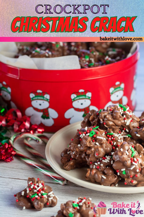 Tasty crockpot Christmas crack candies are set up with holiday sprinkles on top and stacked on a plate in front of the decorative holiday bear tin. Christmas Chocolate Recipes, Crockpot Candy Recipes, Crockpot Christmas, Chocolate Peanut Clusters, Easy Christmas Candy Recipes, Christmas Candy Easy, Christmas Candy Homemade, Crockpot Candy, Peanut Clusters