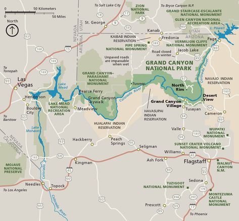 Regional map of the Grand Canyon area; visit the original site to download the full resolution image in JPG or PDF form for free. Hundreds of other national park maps are also freely available at npmaps.com. Arizona Parks, Grand Canyon Road Trip, Grand Canyon Map, Grand Canyon Village, Arizona Trip, Grand Canyon West, Kanab Utah, Trip To Grand Canyon, Grand Staircase Escalante