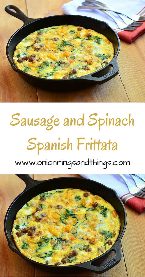 Sausage and Spinach Spanish Frittata is a delicious breakfast treat made with potatoes, sausage, spinach and cheese Breakfast Sausage And Potatoes, Spanish Frittata, Sausage Frittata, Spanish Breakfast, Make Sausage, Sausage And Spinach, Sausage And Potatoes, Sausage Spinach, Potato Dinner