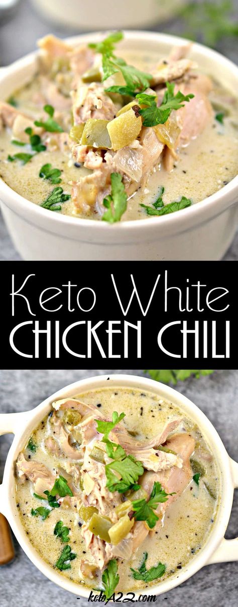 White Chicken Chili - Easy Keto Chili Recipes White Chicken Chili Keto, Chicken Chili Keto, Keto White Chicken Chili, Chili Keto, Healthy Recipes Keto, Chili Easy, Keto Chili, White Chili Chicken Recipe, Chili Recipe Easy