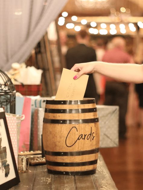 Looking for a creative solution to store cards? Here is a list of wedding card box ideas for guests to leave their cards and well wishes. Diy Wedding Post Box, Bourbon Wedding, Whiskey Barrel Wedding, Farm Chic, Barrel Wedding, Wedding Post Box, Brewery Wedding, Wedding Card Box, Event Card