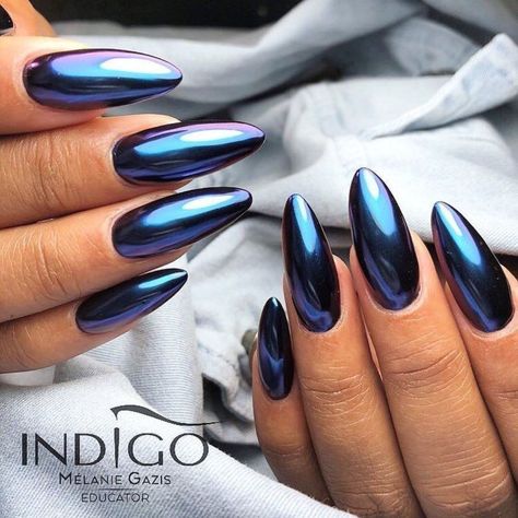 Dark Blue Chrome Nails, Blue Chrome Nails, Chrome Nails Designs, Indigo Nails, Chrome Powder, Almond Nails Designs, Almond Nail, Metallic Nails, Chic Nails