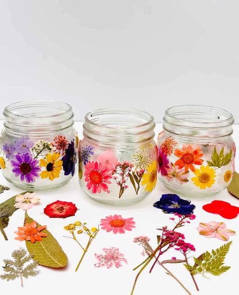 Flower Mason Jars, Sustainable Flowers Wedding, Pressed Flower Votive, Diy Mason Jar Flower Vase, Mason Jar Modge Podge Diy, Dried Flower Jars, Crafts With Small Glass Jars, Dried Flower Crafts For Kids, Sustainable Crafts For Kids