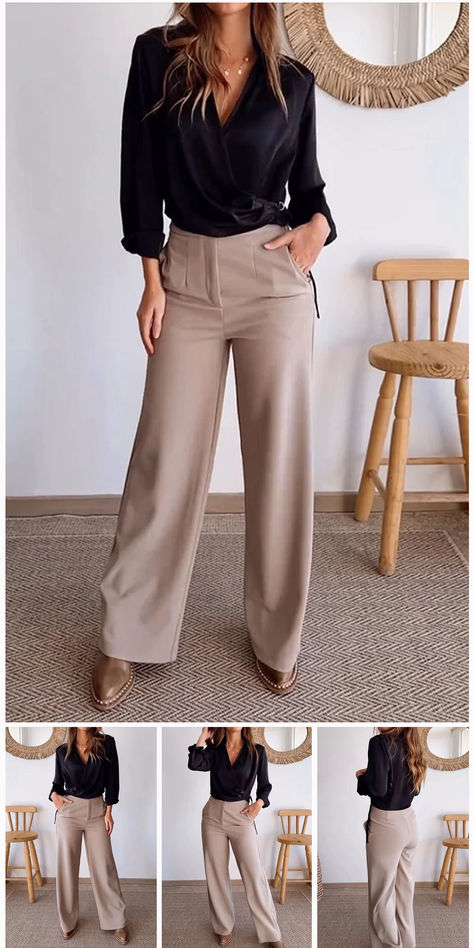 Casual Daily Solid Color Pocket Buttons V Neck Long Sleeve Two Pieces Khaki And Black Outfit, Long Sleeve Suit, Two Piece Pants Set, Work Wear Women, Black Khakis, Business Casual Outfits, Plus Size Lingerie, Plus Size Swimwear, Long Blouse