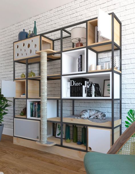 Cat-friendly built-ins are not an entirely new phenomena, but few clients go so far out of their way to include their feline friends not only in their Human Furniture, Katt Diy, Cat Furniture Design, Kat Diy, Cat Wall Furniture, Cat House Diy, Cat Things, Muebles Living, Cat Shelves