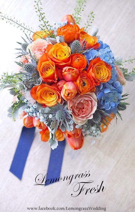 Blue And Orange Flower Bouquet, Blue Orange And White Bouquet, Blue And Orange Bouquet, Blue Orange Bouquet, Blue Orange Floral Arrangement, Orange Bouquet, Orange Bouquets, Fresh Flower Bouquets, Fleur Orange