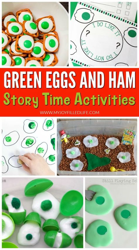 Green Eggs and Ham activities to make story time even more fun and memorable! #drseuss #storytime Green Eggs And Ham Activities, Story Time Activities, Time Activities For Kids, Dr Seuss Preschool Activities, Dr Seuss Preschool, Swallowed A Fly, Dr Seuss Activities, Dr Seuss Crafts, Seuss Classroom