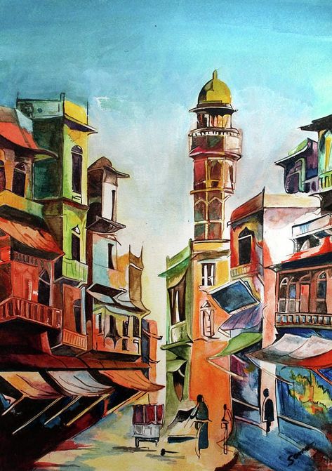 The ancient but largely forgotten city of Lahore is the primary subject of the renowned watercolourist and architect, Muhammad Shafiq, whose latest collection of painting has been displayed at the Hamail Art Gallery, Lahore. Shafiq states, “Pakistan has a rich ancient culture, which offers tremendous inspiration to an artist. It is my aim and responsibility to show the beauty and craftsmanship of my country, and especially of Lahore.” Lahore Painting, Pakistan Painting, Photo Gallery Wall Layout, Drawing Composition, Pakistan Art, Environment Sketch, Wall Layout, Architecture Artists, Alice In Wonderland Drawings