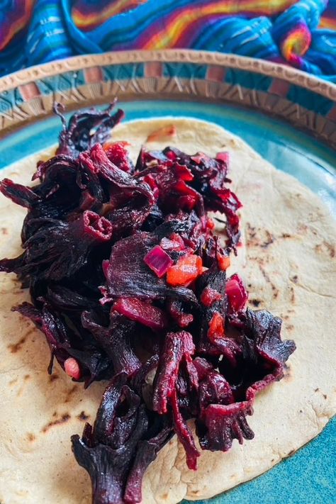 Savory, tart hibiscus flower tacos are delicious and vegan. Make these lovely flower tacos as a meat-filling alternative for your next dinner! Taco Fillings, Mexican Kitchens, Modern Mexican, Vegan Mexican, Savory Tart, Taco Recipes, Mexican Recipes, Hibiscus Flower, Hibiscus Flowers