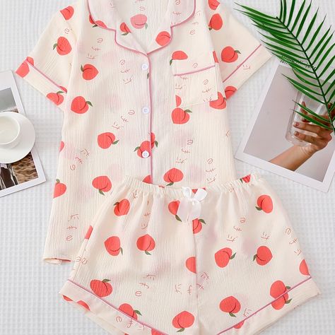 Cute Pijamas, Mom Dr, Peach Print, Pajamas All Day, Ropa Aesthetic, Cute Pjs, Pajama Fashion, Cute Pajama Sets, Bow Shorts