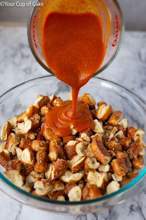 Buffalo Pretzel Pieces - Your Cup of Cake Buffalo Ranch Pretzels, Buffalo Pasta Salad, Buffalo Pretzels, Buffalo Pasta, Tv Snacks, Spicy Crackers, Popular On Pinterest, Cup Of Cake, Seasoned Pretzels